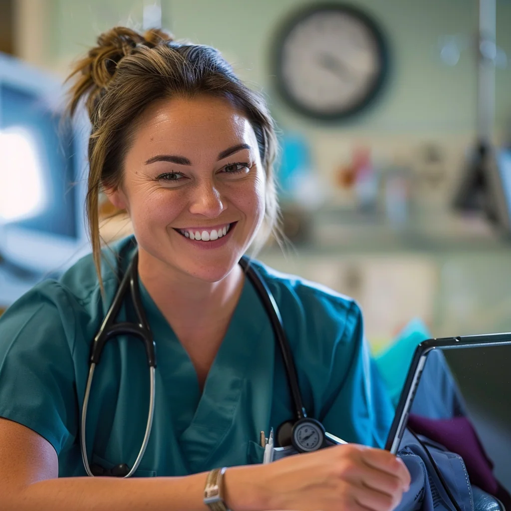 Nursing student in navy scrubs standing in a hospital hallway