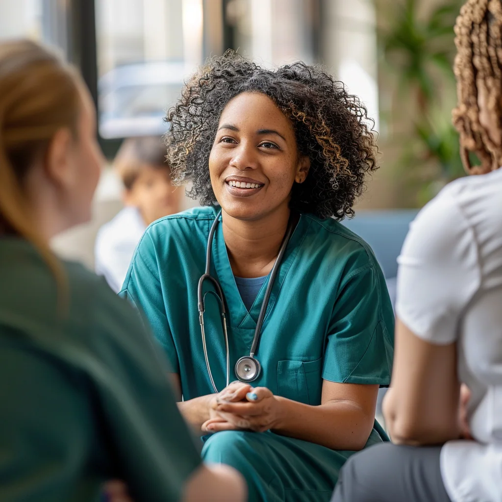 Nurse in navy scrubs with a stethoscope standing in a hospital hallway
