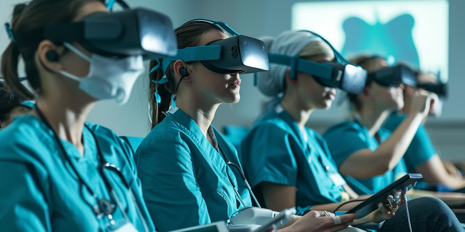 Nursing students wearing virtual reality headsets in a classroom